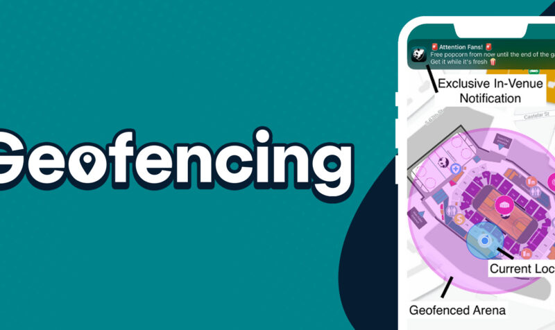 Geofencing text with an image of an iphone showing a map of a venue