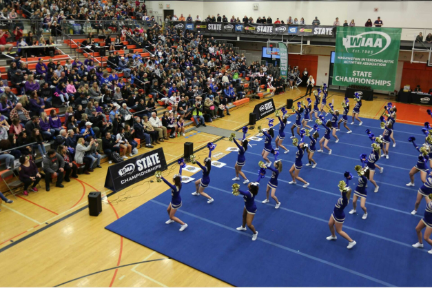 Cheerleading squad in an auditorium.